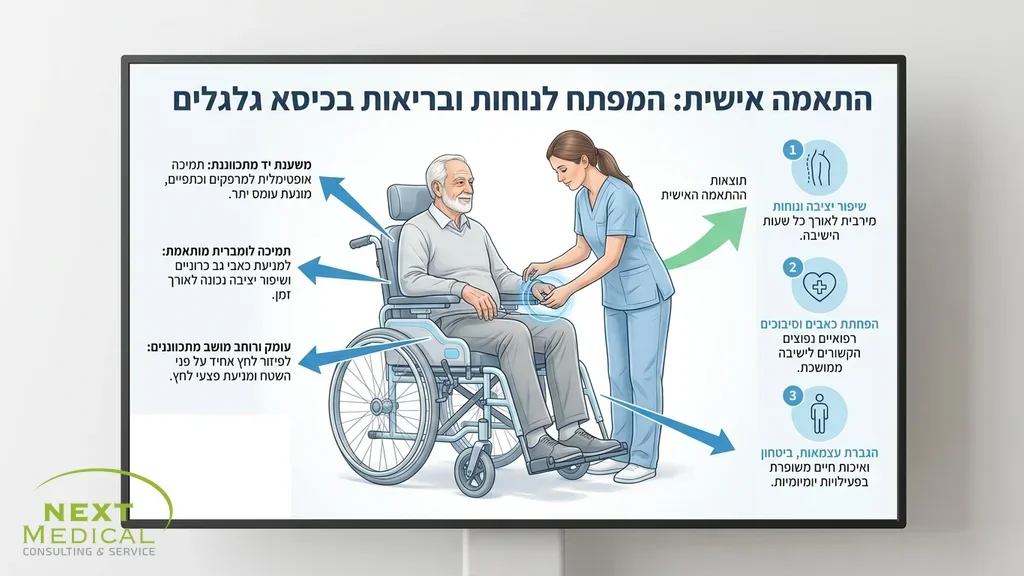 אדם מבוגר יושב בנוחות בכסא גלגלים מותאם אישית בתוך הבית, יחד עם מטפל מקצועי שמתאים את משענות היד. התאמה אישית של כסא גלגלים למבוגרים בסביבה ביתית נוחה