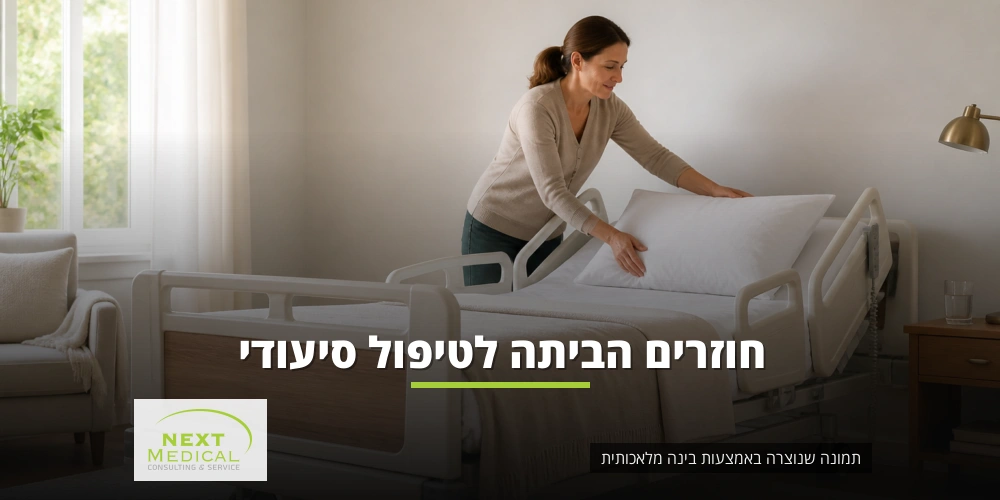 בת מסדרת כרית להורה במיטה סיעודית בבית – תמונה שנוצרה באמצעות בינה מלאכותית