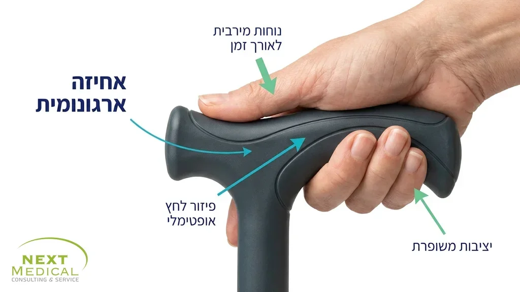 תקריב של יד אוחזת במקל הליכה אנטומי, מדגיש את הנוחות והיציבות. מקל הליכה אנטומי מותאם אישית עם אחיזה בטוחה